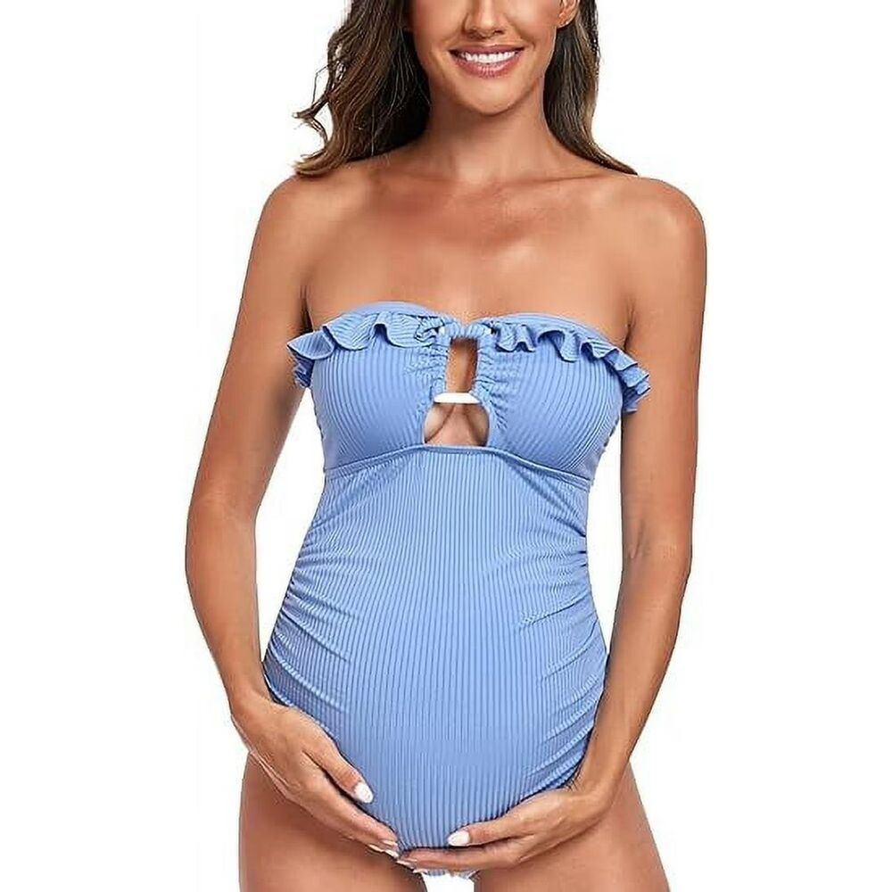EastElegant Maternity Ruffle Ribbed Cutout 1 Piece Swimsuit Square Ring Sz L NWT